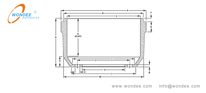 Schematic diagram of brake drum parameters from a China’s manufacturer WONDEE Autoparts Diagrama esquemático de parámetros de tambor de freno de un fabricante de China Wondee Autoparts