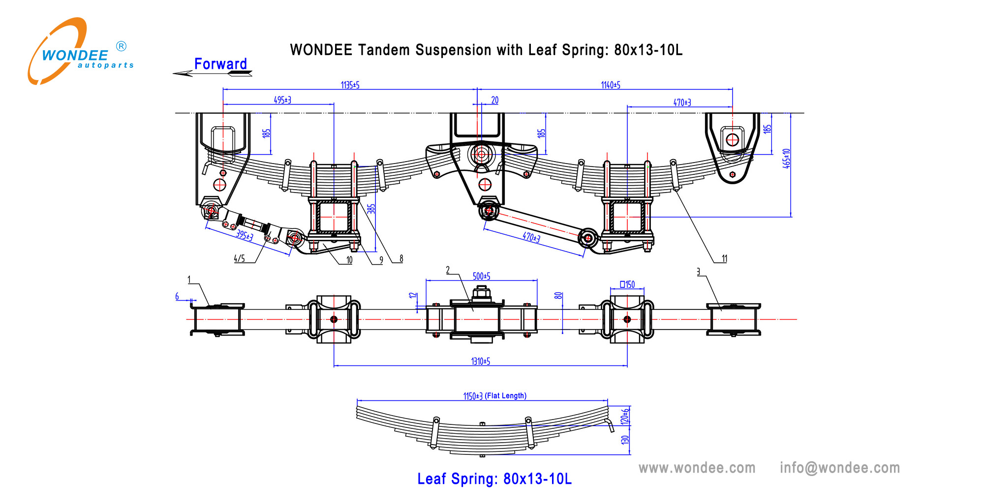 Wondee Suspensión tándem con Spring de hoja 80X13-10L-2